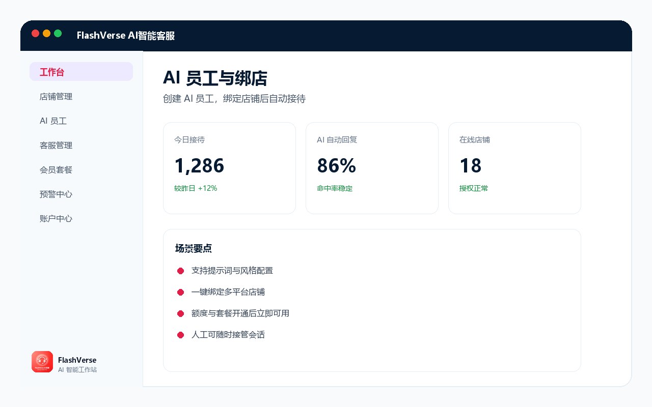 FlashVerse AI员工与绑店截图